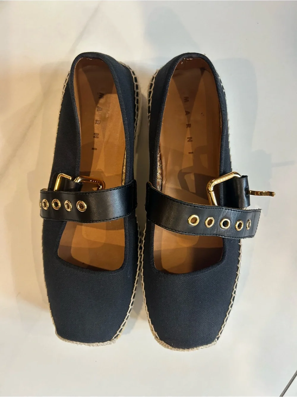 Marni Black Espadrille Mary Jane Flats with Gold Buckles